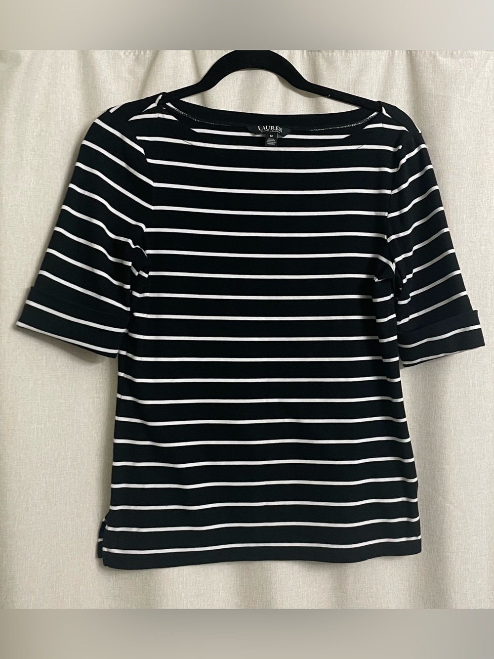 Lauren Ralph Lauren Striped Cotton Stretch Boat Neck 3/4 Sleeve Top Medium